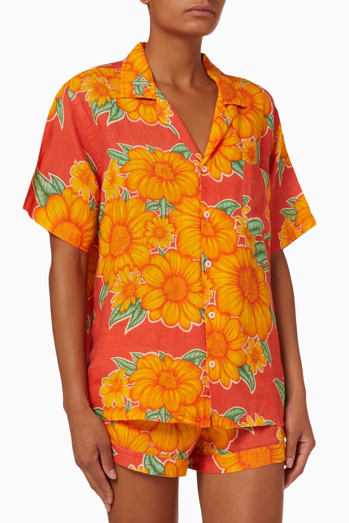 

Cuban Tithonia Print Pyjama Set in Linen, Orange