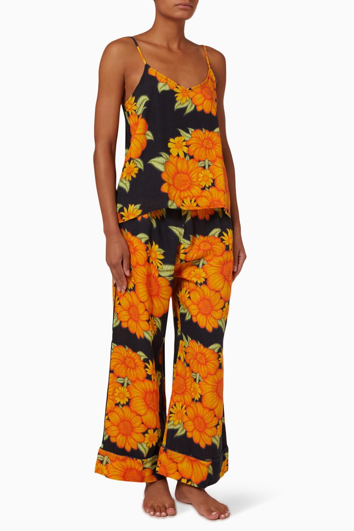 Cami & Wide Leg Tithonia Print Pyjama Set in Linen, Blue