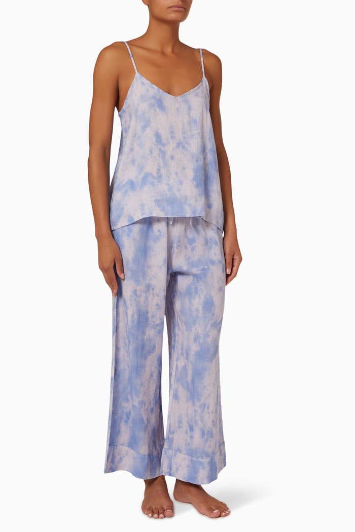 

Cami & Wide Leg Summer Dusk Print Pyjama Set in Linen, Blue