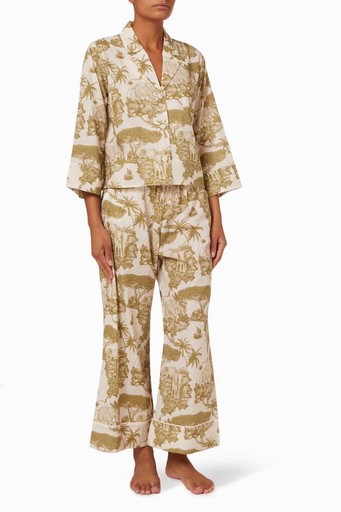 

Boxy Shirt & Wide Leg Loxodonta Print Pyjama Set in Organic Cotton, Green