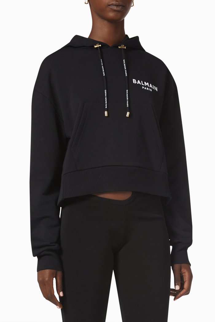 

Flocked Logo Crop Hoodie in Cotton, Black