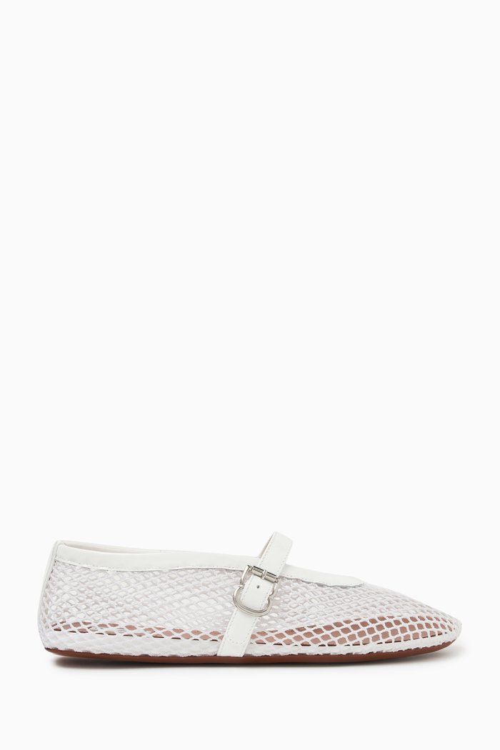 

Fishnet Ballet Flats in Mesh & Patent Leather, White