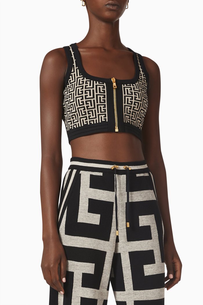 

Monogram Crop Top in Wool-Viscose Knit, Black