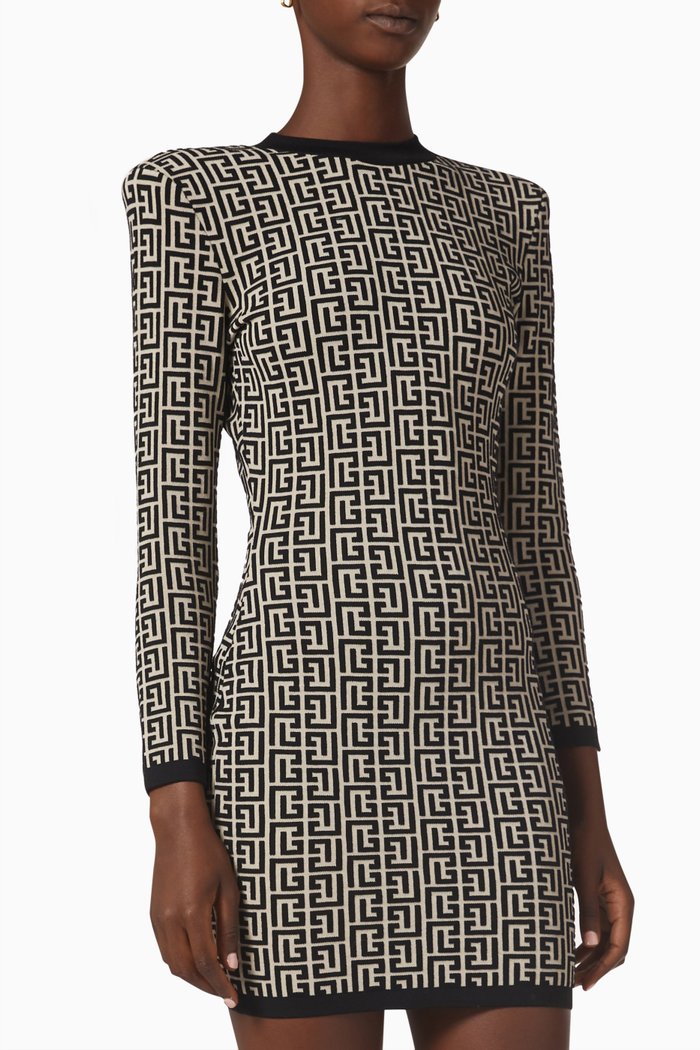 

Monogram Short Dress in Wool-Viscose Knit, Black