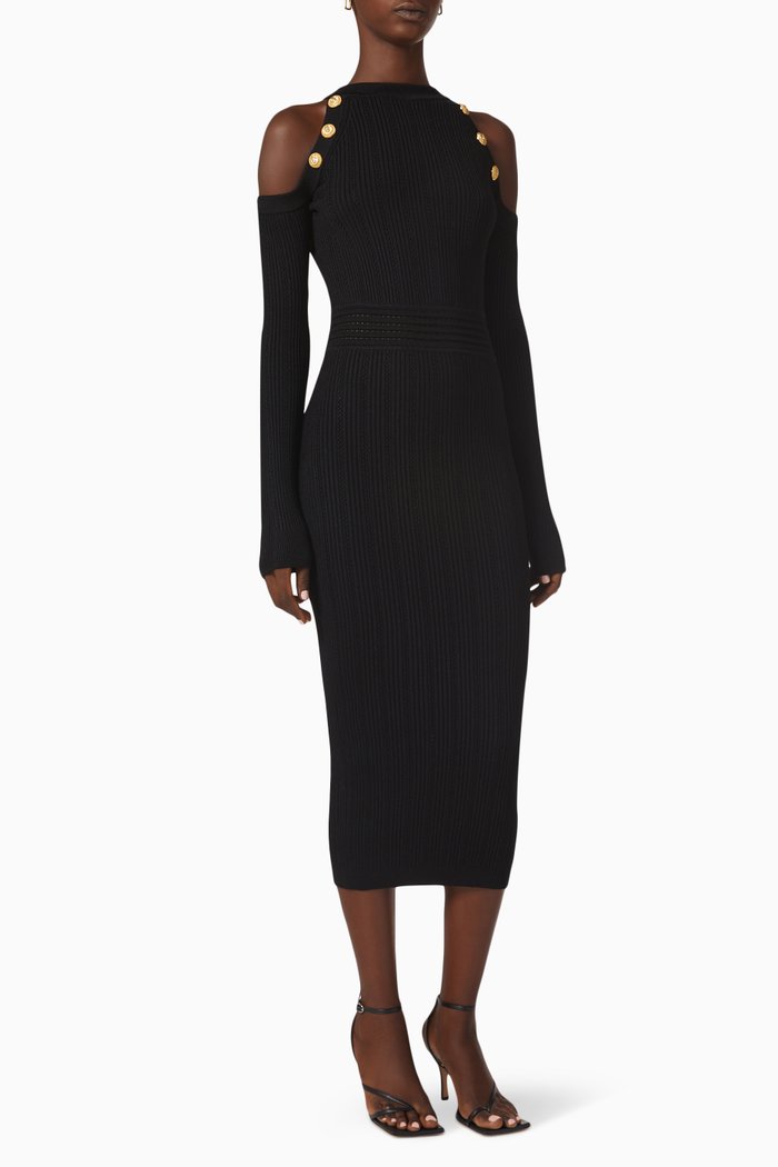 

Off-shoulder Midi Dress in Viscose Rib-knit, Black