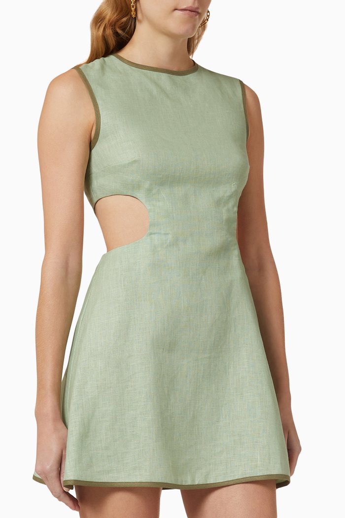 

Cut-out Crewneck Mini Dress in Linen, Green