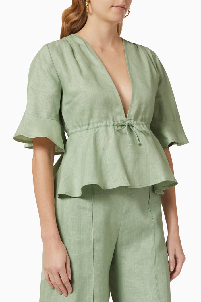 

V-neck Flutter Sleeve Top in Linen, Green