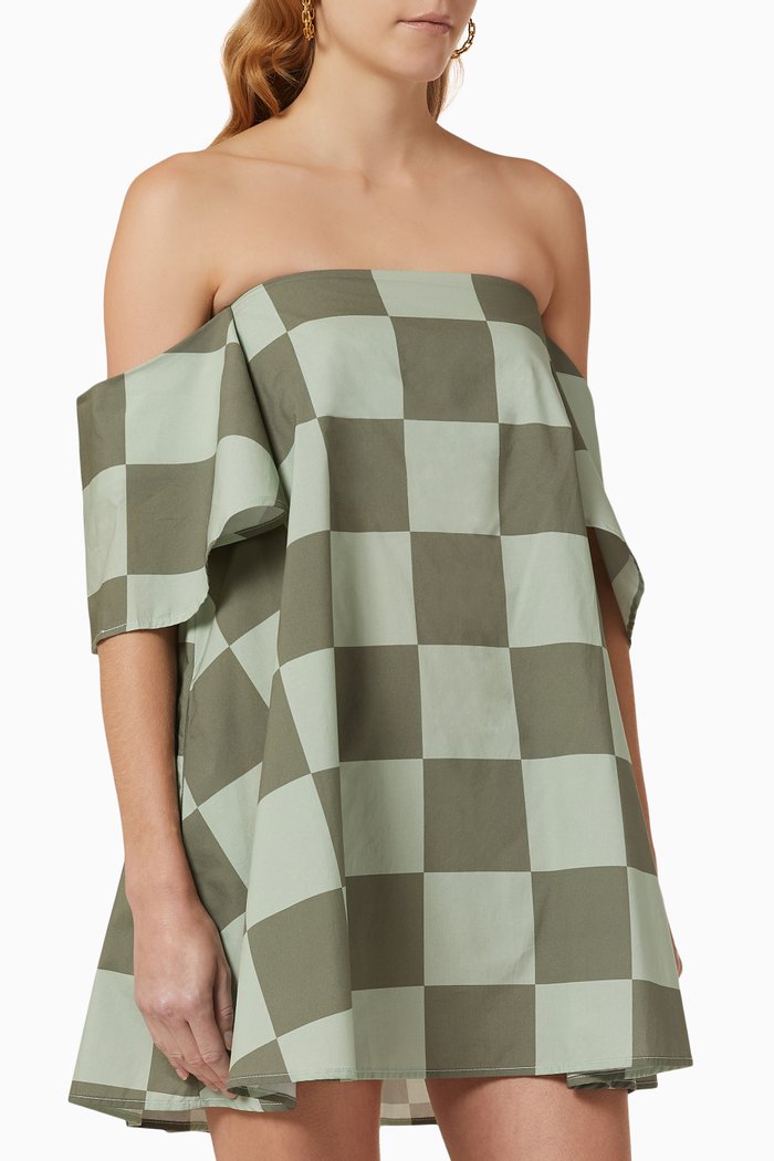 

Off-the-shoulder Flutter Sleeve Mini Dress in Cotton, Green