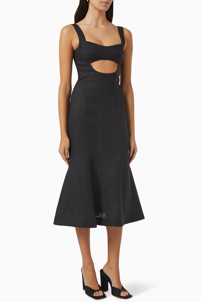 

Eva Cut-out Fluted Midi Dress in Linen, Black