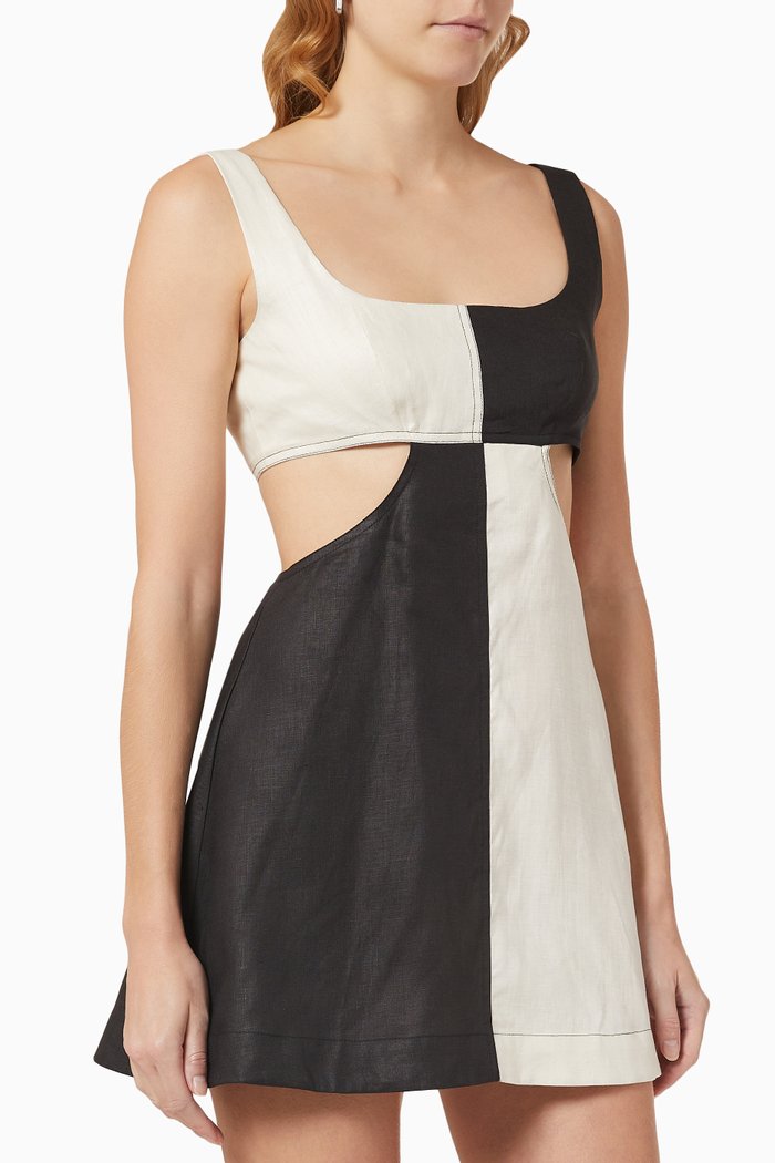 

Anna Colour-block Tie Back Mini Dress in Linen, Black