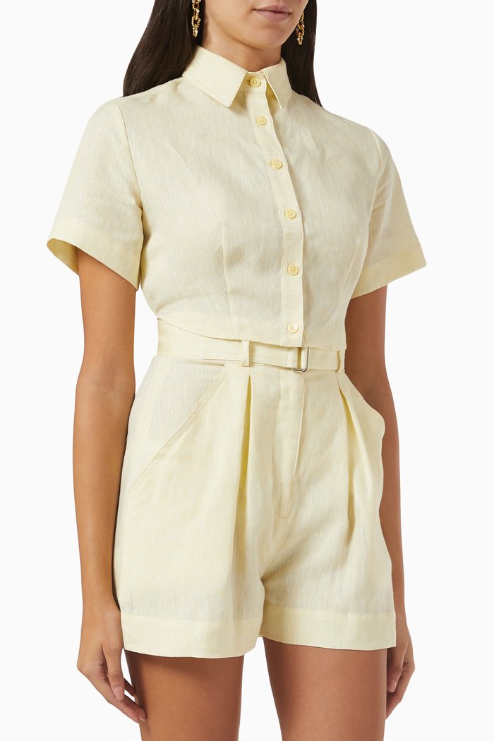 Tie Back Crop Top in Linen, Yellow