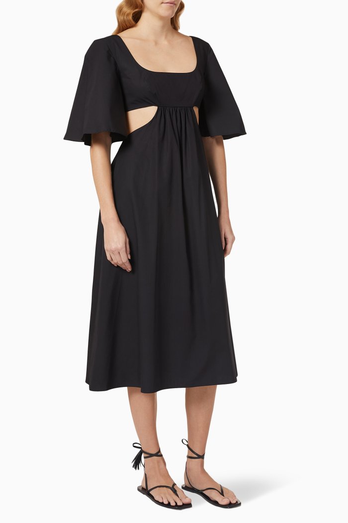 

Flutter Sleeve Cut-out Midi Dress in Cotton Poplin, Black