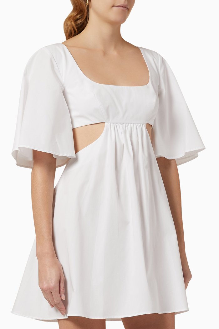 

Flutter Sleeve Cut-out Mini Dress in Cotton Poplin, White
