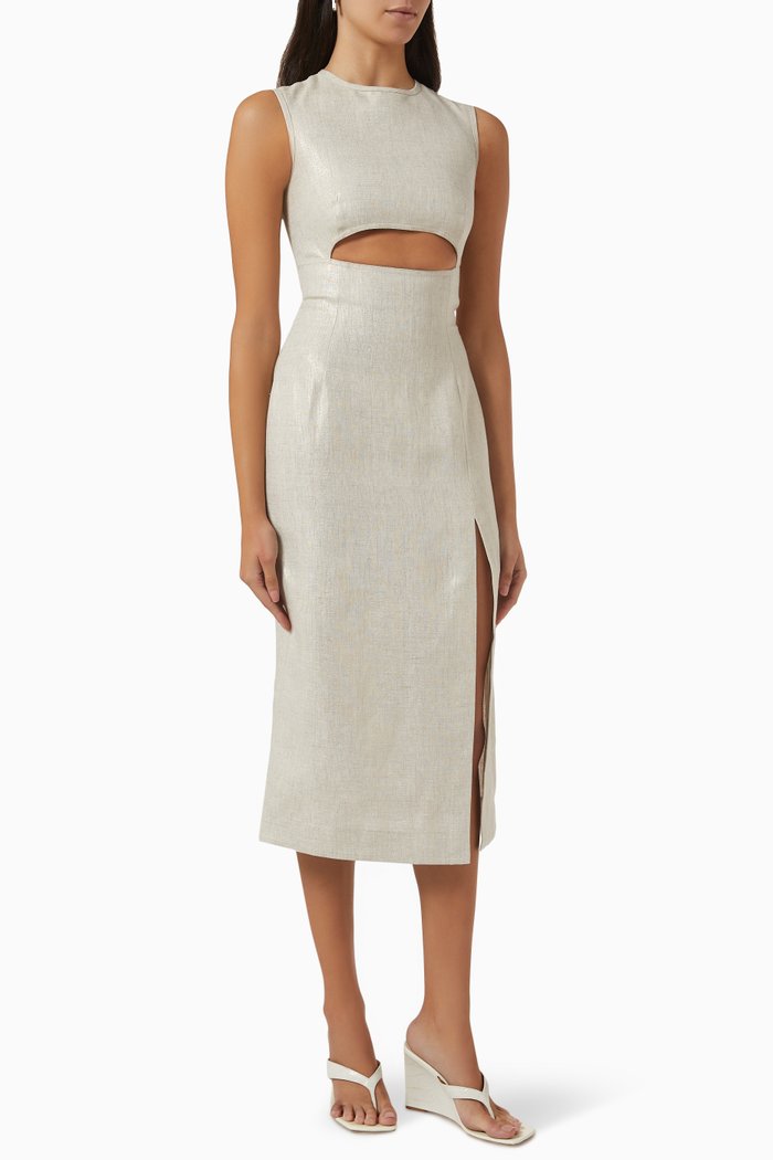 

Cut-out Crewneck Midi Dress in Linen, Neutral