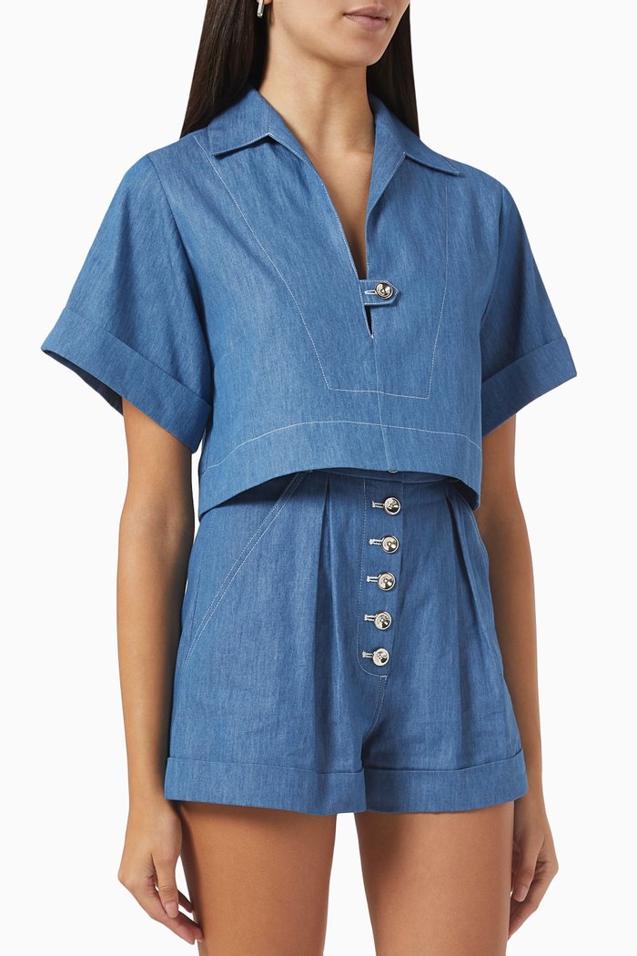 

Popover Crop Shirt in Denim, Blue