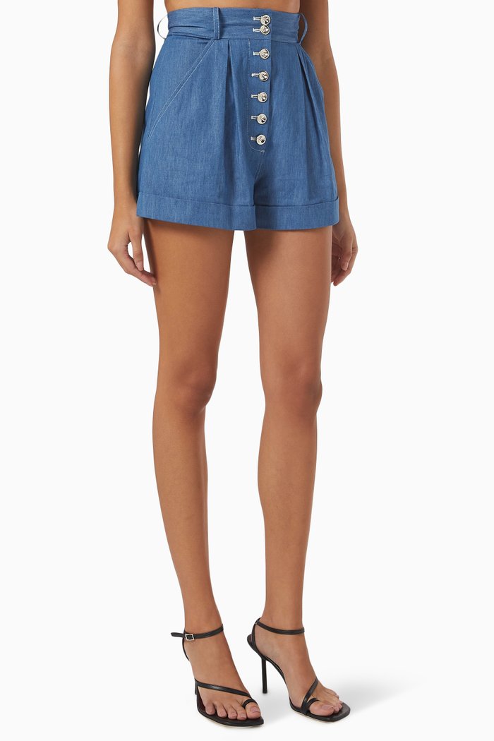 

High-Waist Button Fly Shorts in Denim, Blue