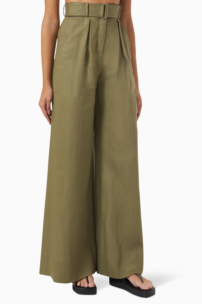 

Belted High-waist Wide-leg Pants in Linen, Brown