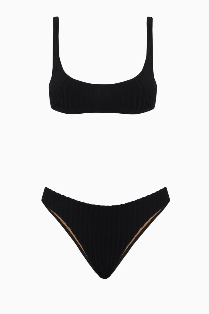 

Anna High-cut Bikini Set in Ribbed Nylon, Black