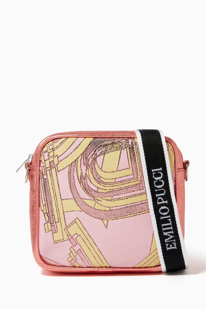 

Art Print Strap Bag in Laminated Leather, Pink