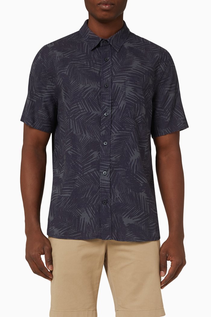 Palm Print Shirt in Linen, Blue