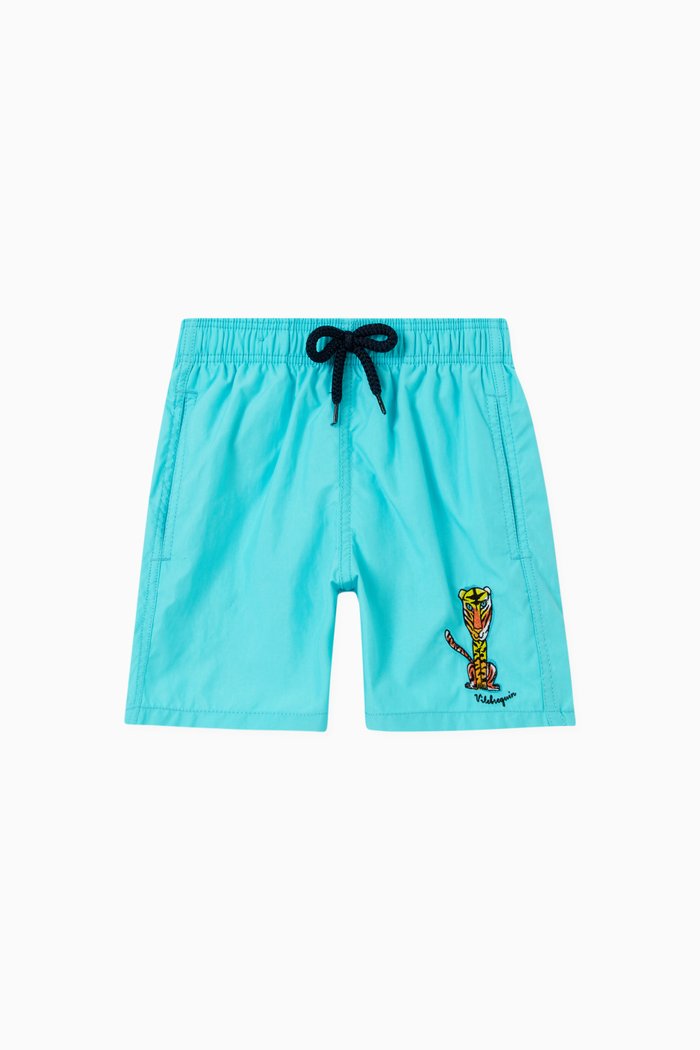 

Tiger Detail Swimming Trunks in Recycled Materials, Blue