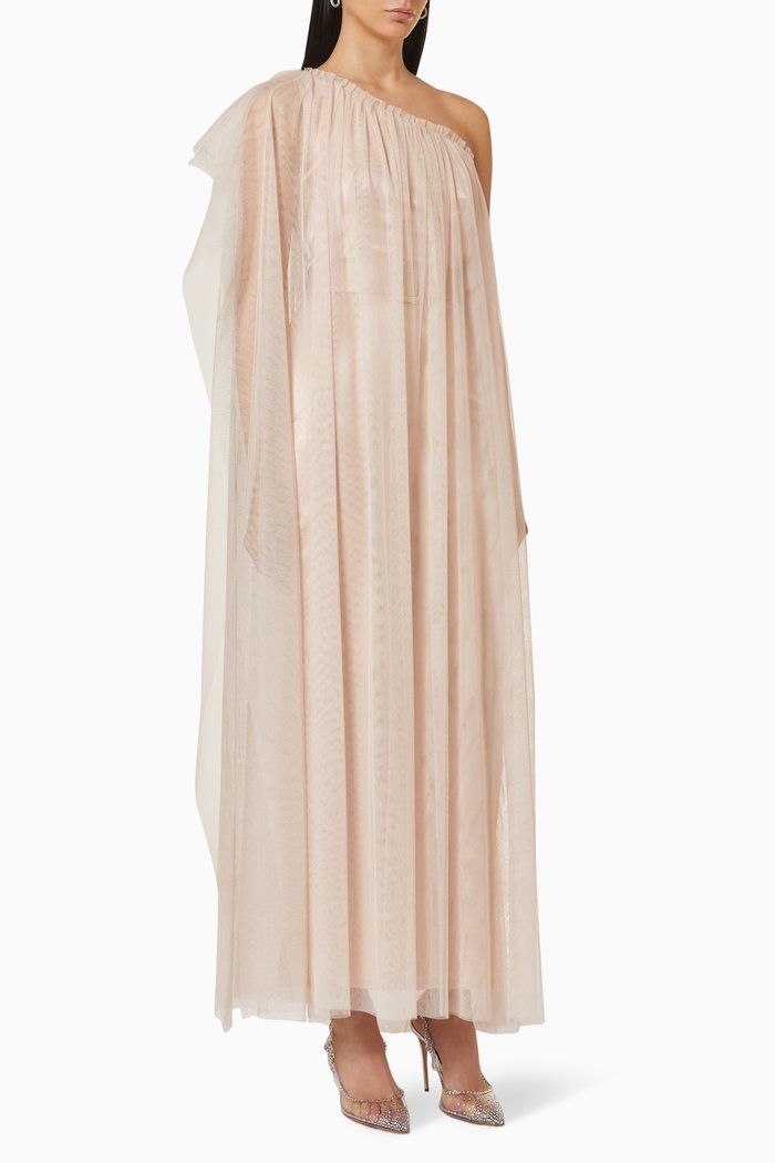 

One Shoulder Dress in Satin & Tulle, Neutral