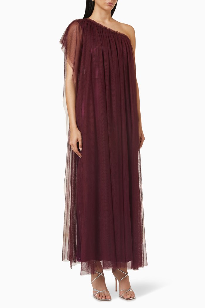 

One Shoulder Dress in Satin & Tulle, Burgundy