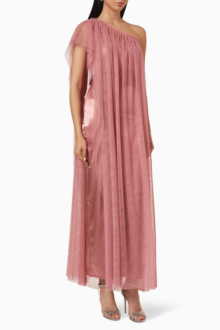 

One Shoulder Dress in Satin & Tulle, Neutral