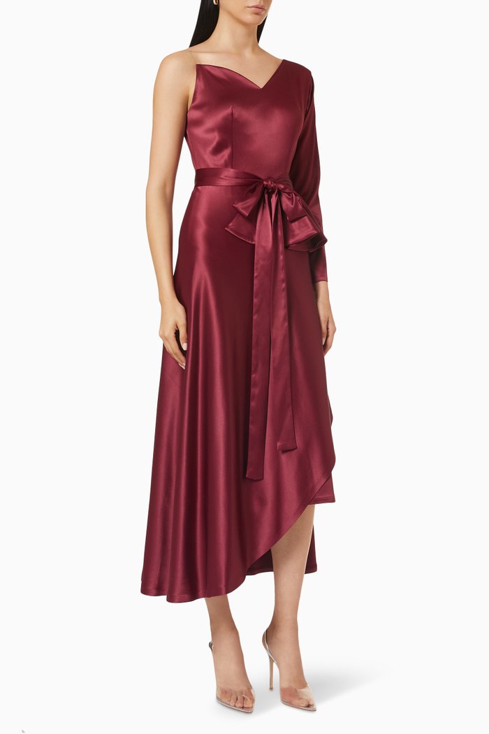 

One Shoulder Peplum Dress in Satin, Burgundy