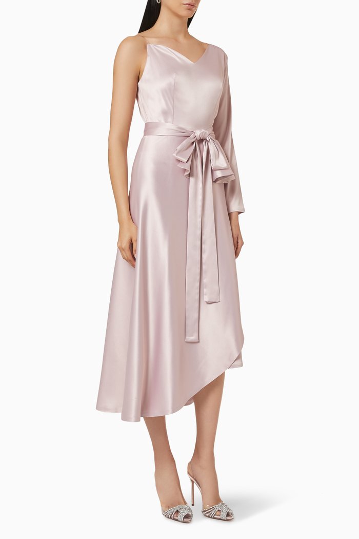 

One Shoulder Peplum Dress in Satin, Pink