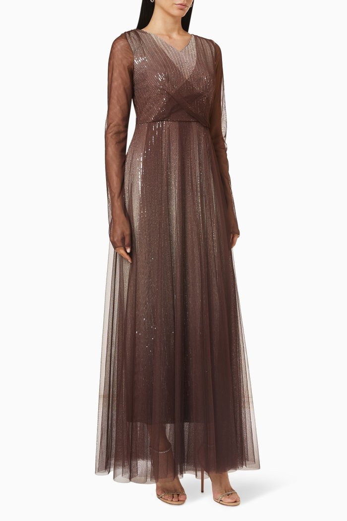 

Long Sleeve Dress in Sequin Tulle, Brown