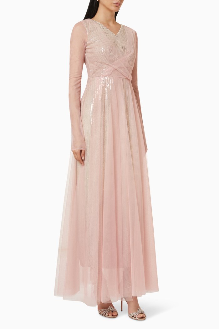 Long Sleeve Dress in Sequin Tulle, Pink