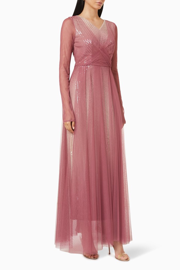 

Long Sleeve Dress in Sequin Tulle, Pink