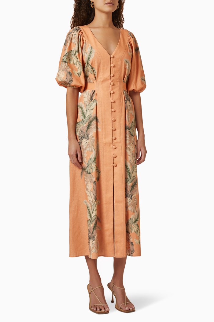 

Meadows Button Midi Dress in Linen Blend, Orange