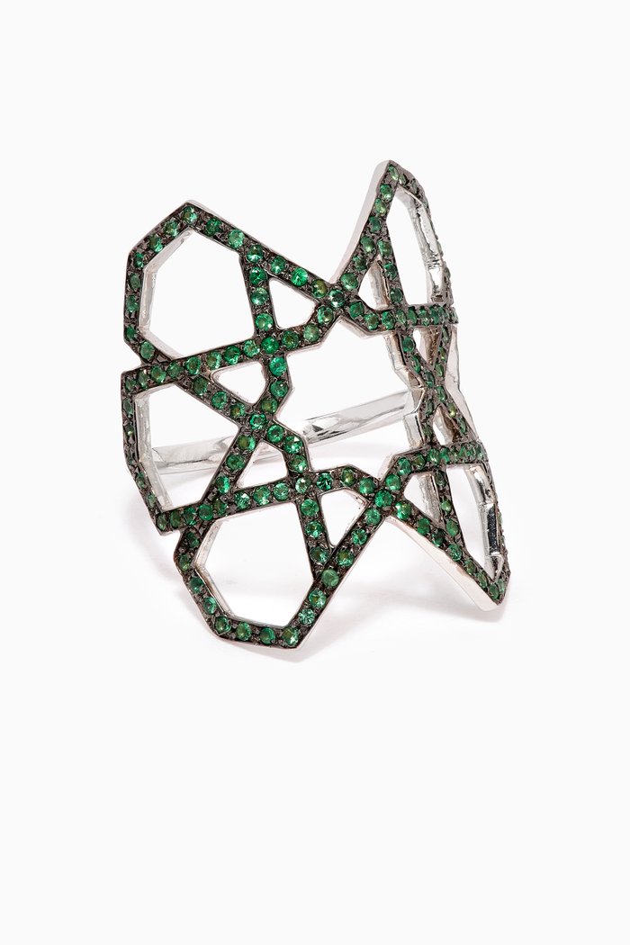 Arabesque Deco Emerald Ring in 18kt White Gold, Green