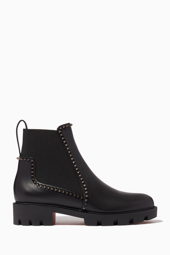 Out Lina Spike Lug Ankle Boots in Calf Leather, Black