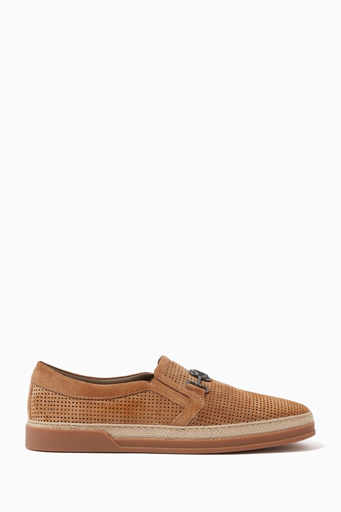 

Metallic Logo Embellishment Loafers in Leather, Brown