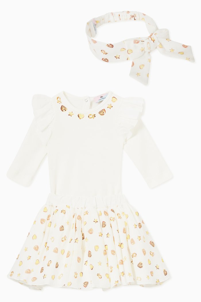 

3-piece Printed Bodysuit & Skirt Set in Cotton, Neutral