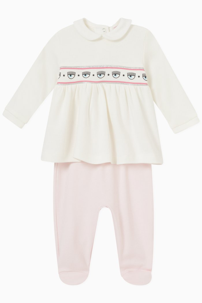 Logo Sleep Top & Pants Set in Cotton, Neutral