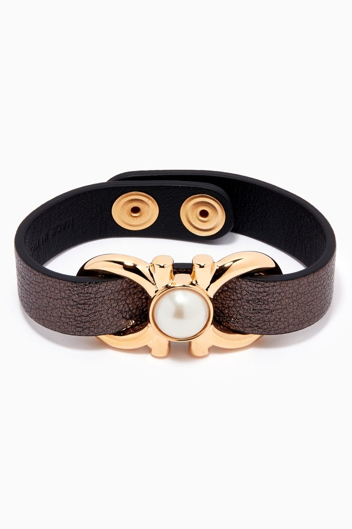 

Gancini Pearl Bracelet in Leather, Black