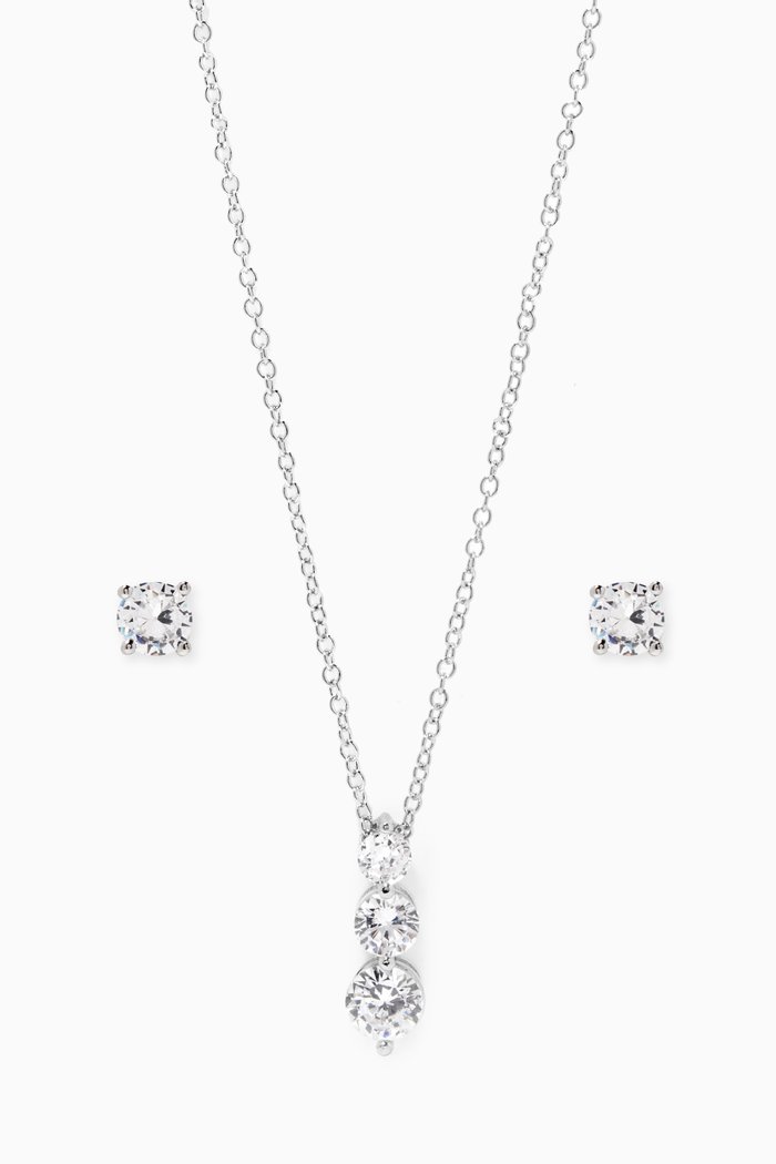 Round Graduated CZ Drop Necklace with Studs, Silver