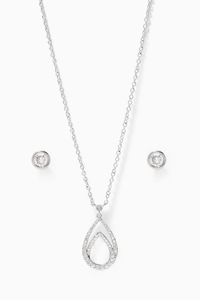 

Pave Pear Pendant Necklace with Bezel CZ Studs, Silver