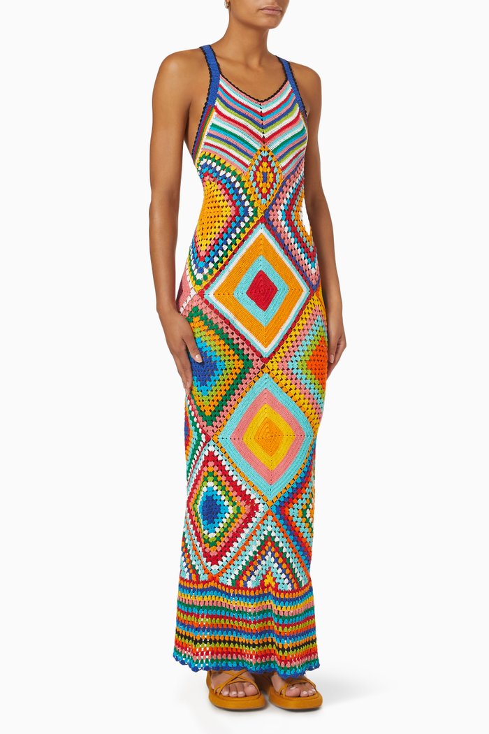 

Long Dress in Cotton Crochet Knit, Multicolour