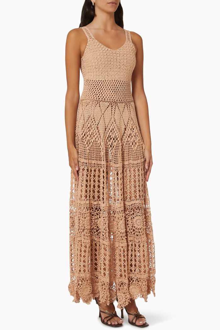 

Long Dress in Cotton Crochet Knit, Neutral