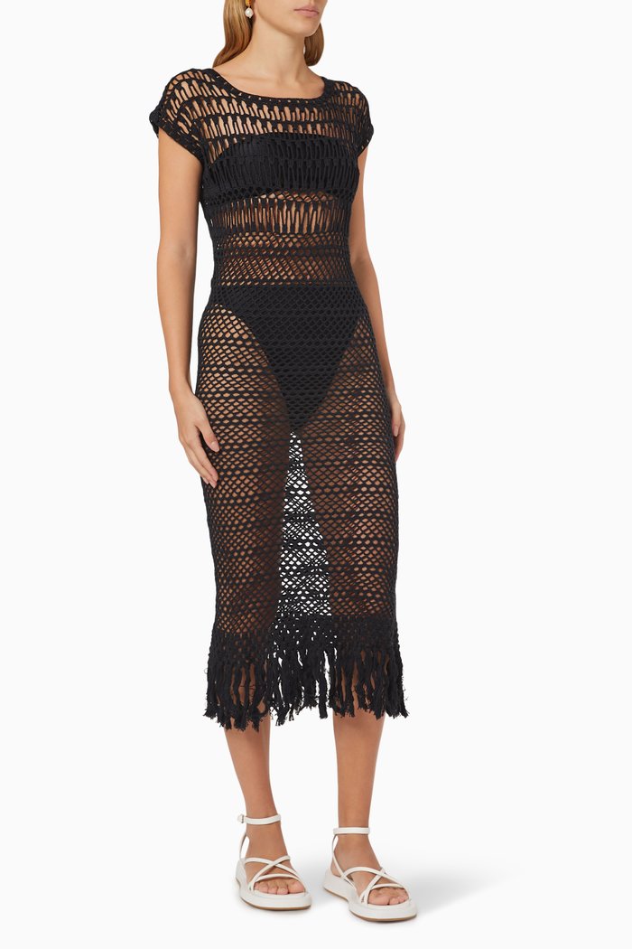 Jangada Raft Midi Dress in Crocheted Cotton, Black