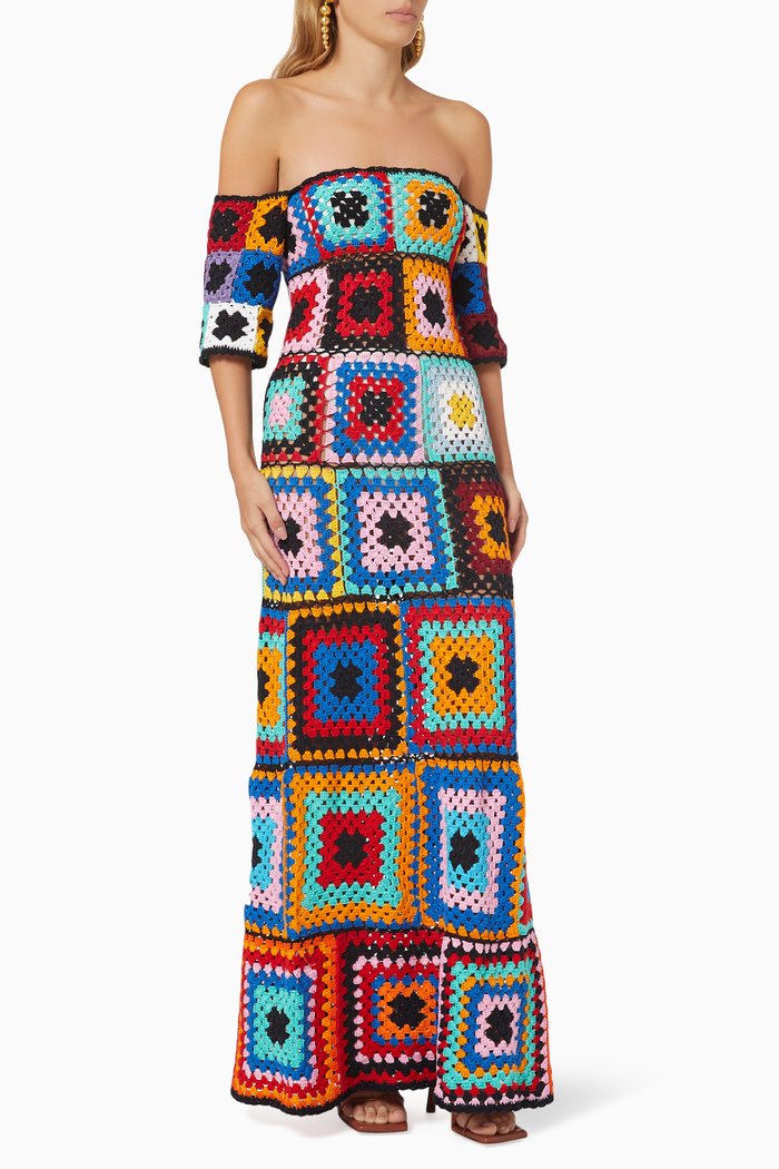 

Origami Off-the-shoulder Dress in Crocheted Cotton, Multicolour