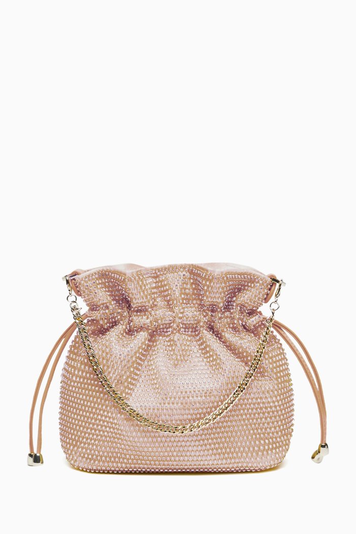 Quercia Bucket Bag in Rhinestone Mesh, Pink