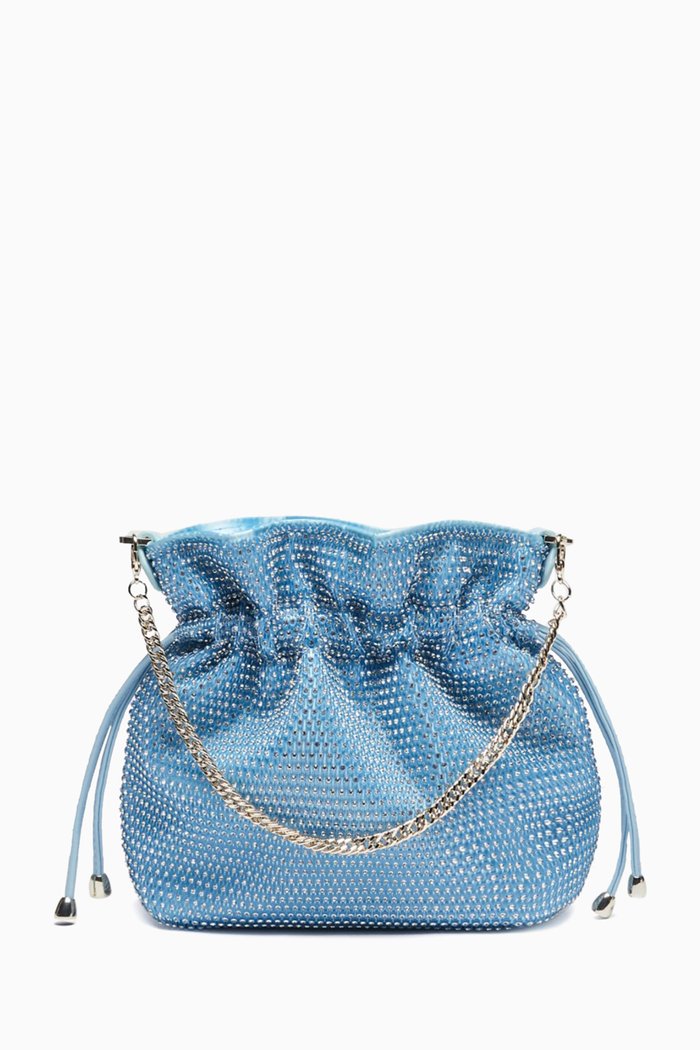 Quercia Bucket Bag in Rhinestone Mesh, Blue