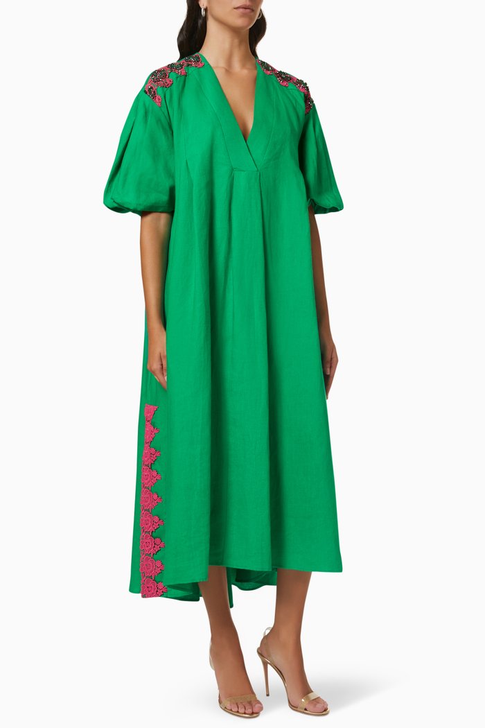 

Embroidered Dress in Linen, Green