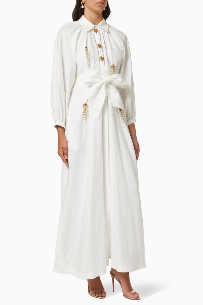 

Embellished Belted Dress in Linen, White